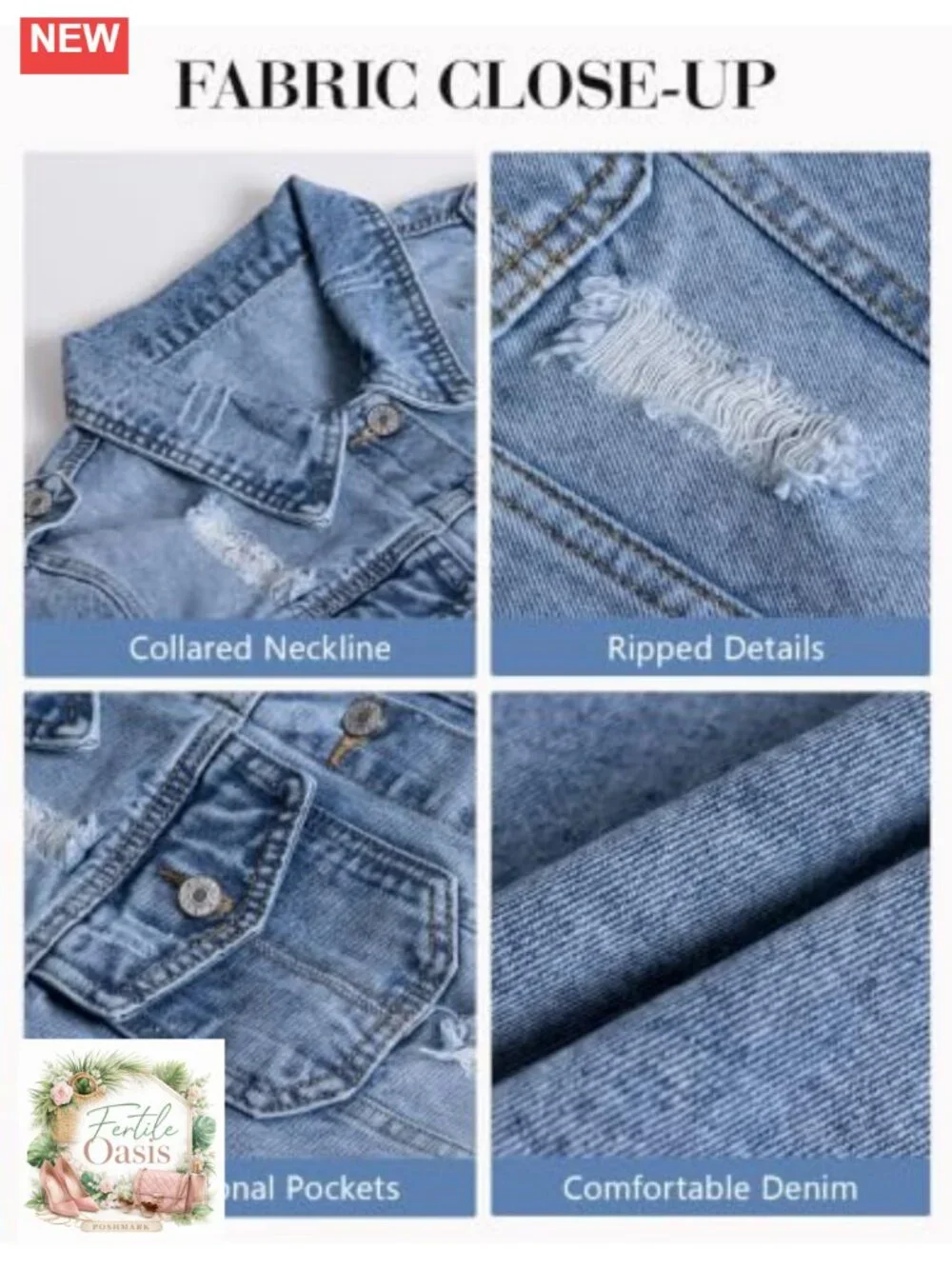 Women's Distressed Denim Jacket Relaxed Fit Button Front Long Sleeve Washed Blue